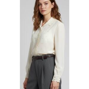 Vintage Cream Colored Grandma Chic Cutwork Lace Semi-Sheer Blouse